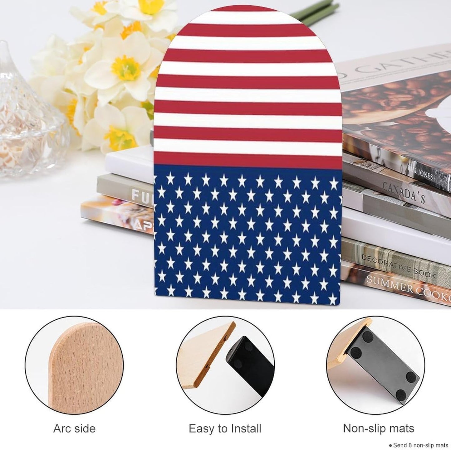 American Flag Stars Stripes Wooden Bookend Non-Slip Book Ends Heavy Duty Book Stopper with Metal Base Books Holderd Decorative Bookends Stands Firmly for Office Supplies