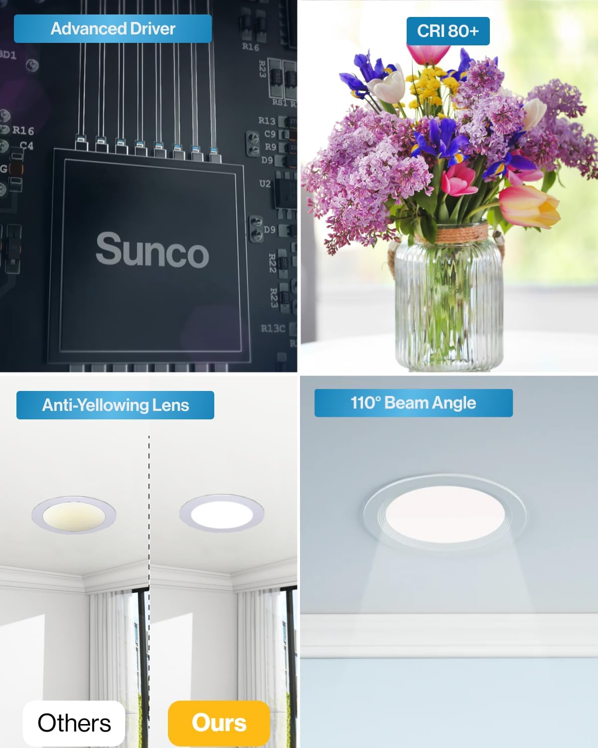Sunco 12 Pack 4 Inch Recessed Lights, LED Baffle Trim, Selectable CCT 2700K/3000K/4000K/5000K/6000K Dimmable 10W, Canless with Junction Box