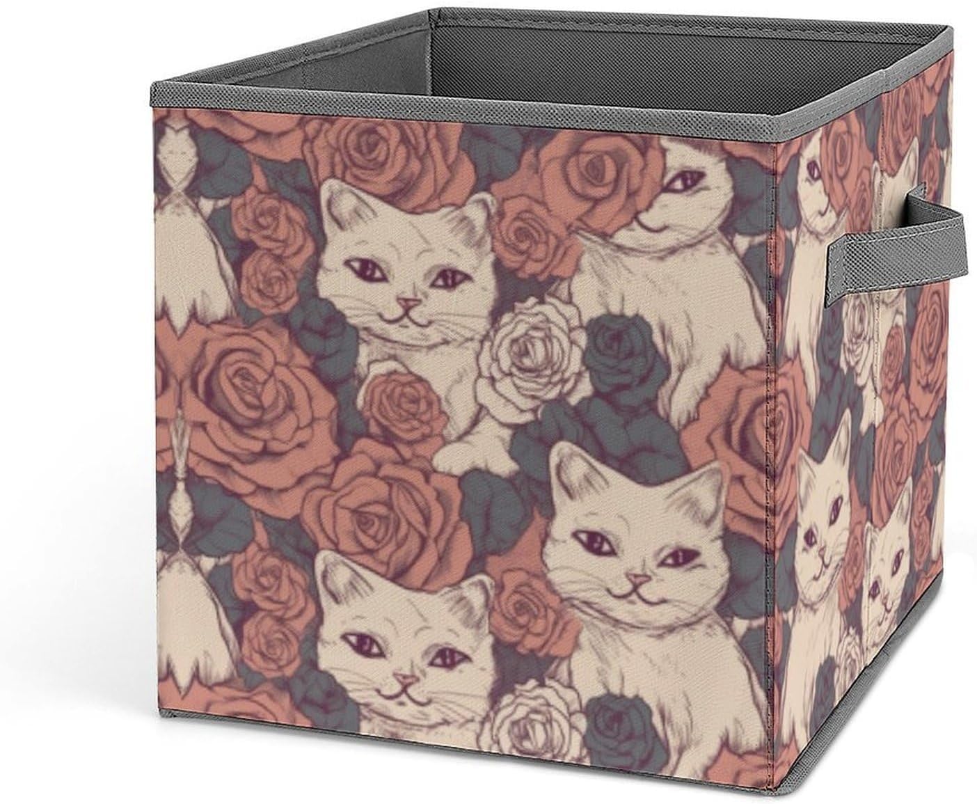 Rose Cat Storage Bins with Handles Fashion Large Storage Cubes Sturdy Foldable Storage Boxes Space-Saving Storage Baskets for Home Office Clothes Closet Organizers