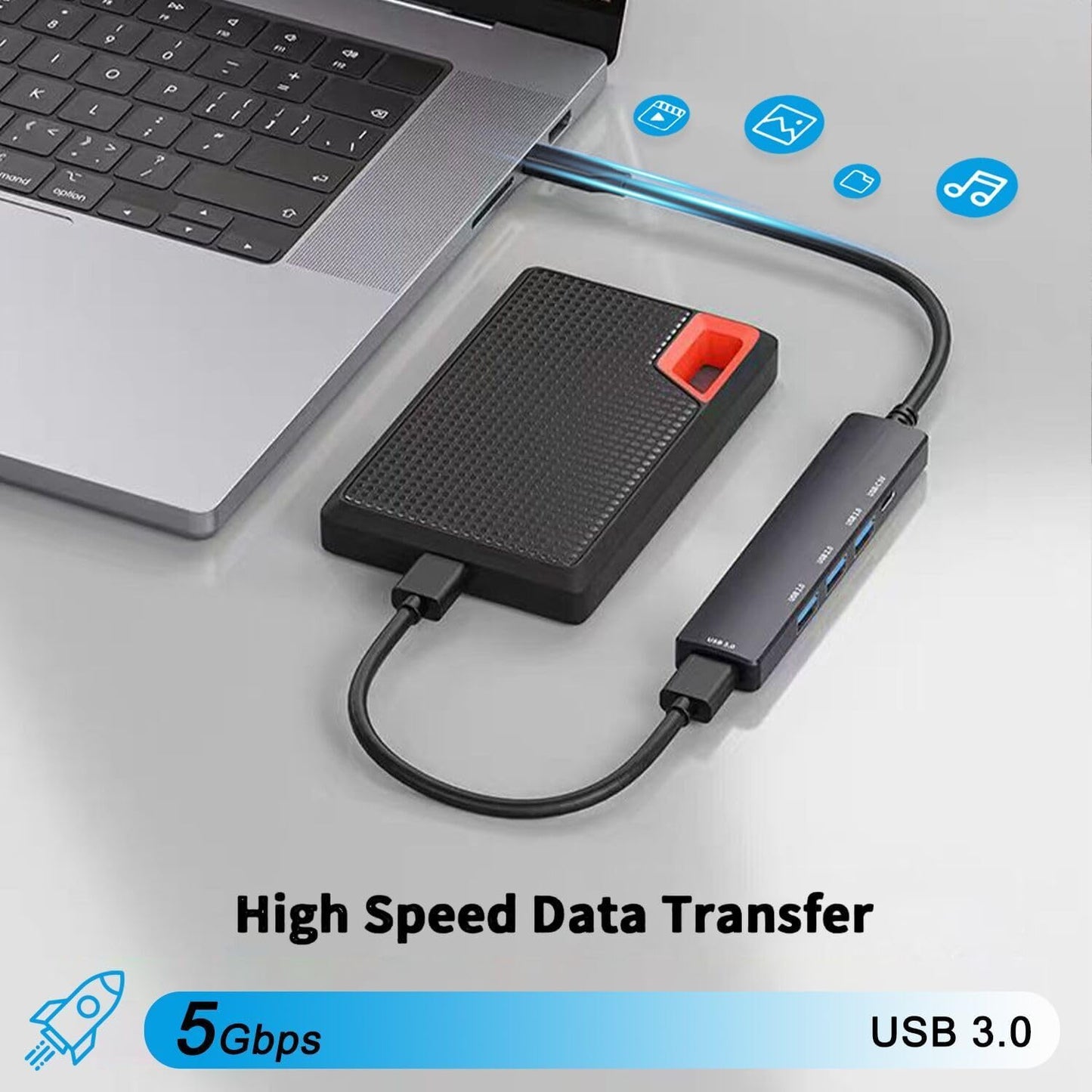 5-Port Powred USB 3.0 Hub, USB Extender Splitter with 5V USB-C Power/Data Port, Extender for A Port Laptop, PC, PS4/5, Xbox, Car and More
