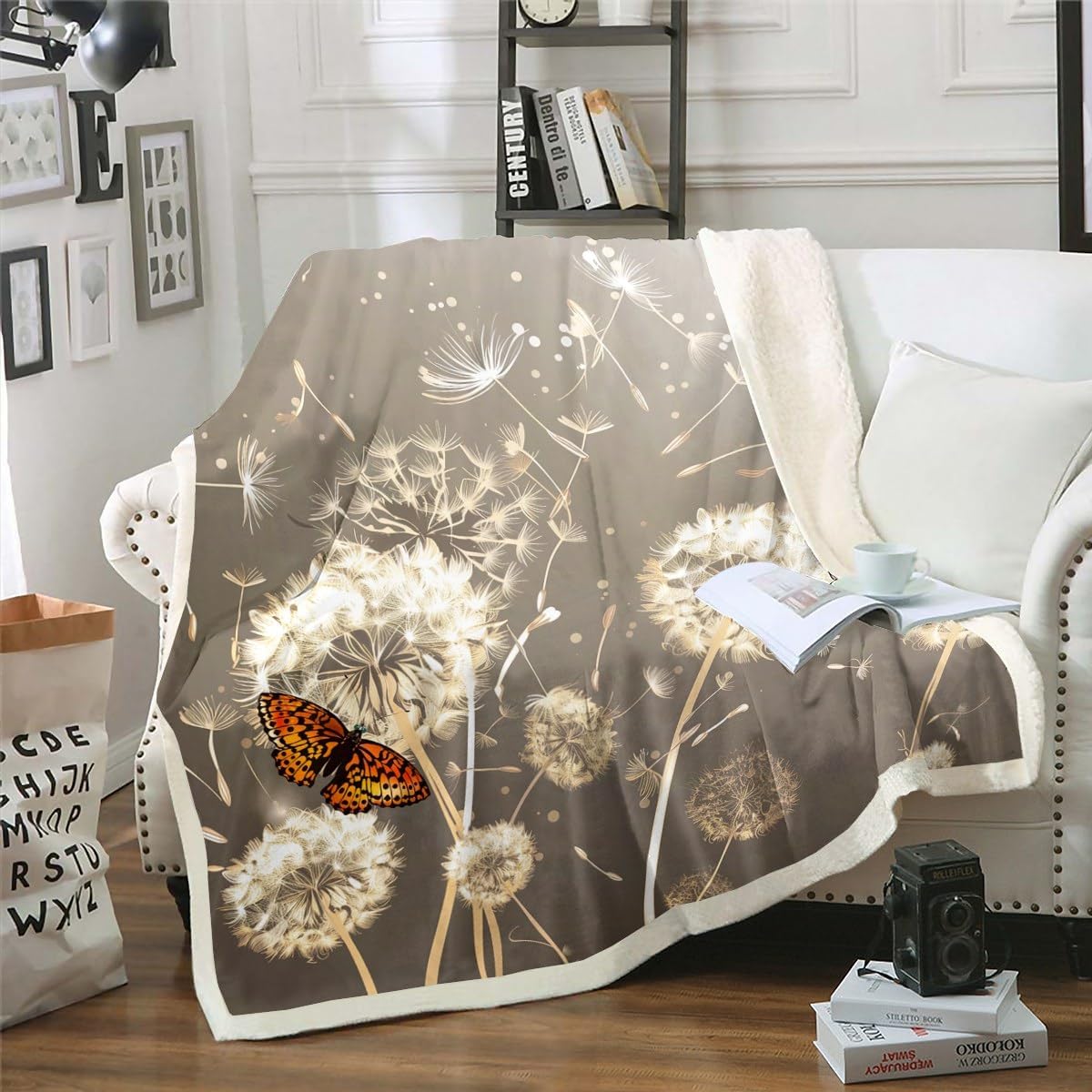 Erosebridal Dandelion Fleece Blanket Throw Size, Kids Butterfly Throw Blanket, Dandelions in Countryside Plush Bed Blanket for Women Teens Adult Bedroom Decor, Farmhouse Rustic Sherpa Blanket
