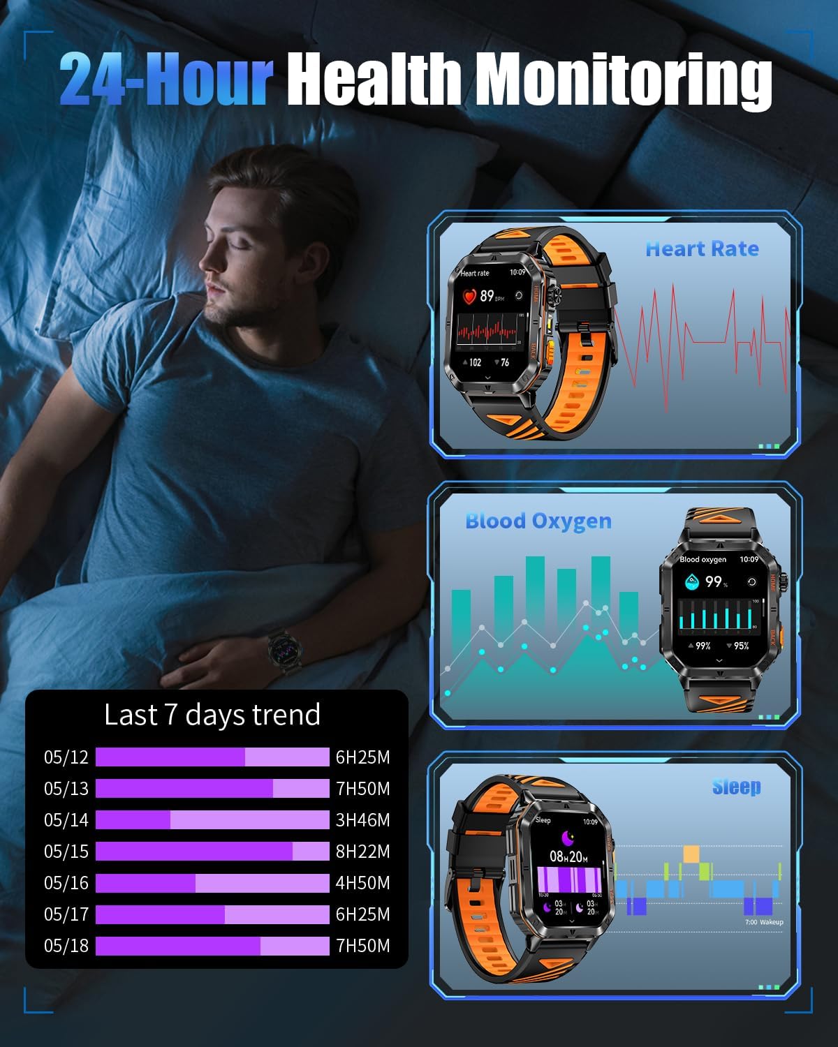 Military Smarty Watch for Men, 2.01" Smartwatch with 1200mAh Battery, Flashlight, Answer/Make Calls, Heart Rate/Sleep Monitor 100+ Sport Modes Fitness Tracker for Android/iPhone