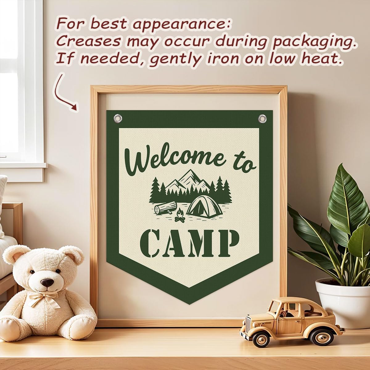Camping Decor Camp Sign Banner, Welcome to Camp Wall Pennant Banner Flag Classroom Decor, Retro Green Camping Hanging Wall Decor for Kids Nursery Toddler Room Bedroom Playroom Classroom