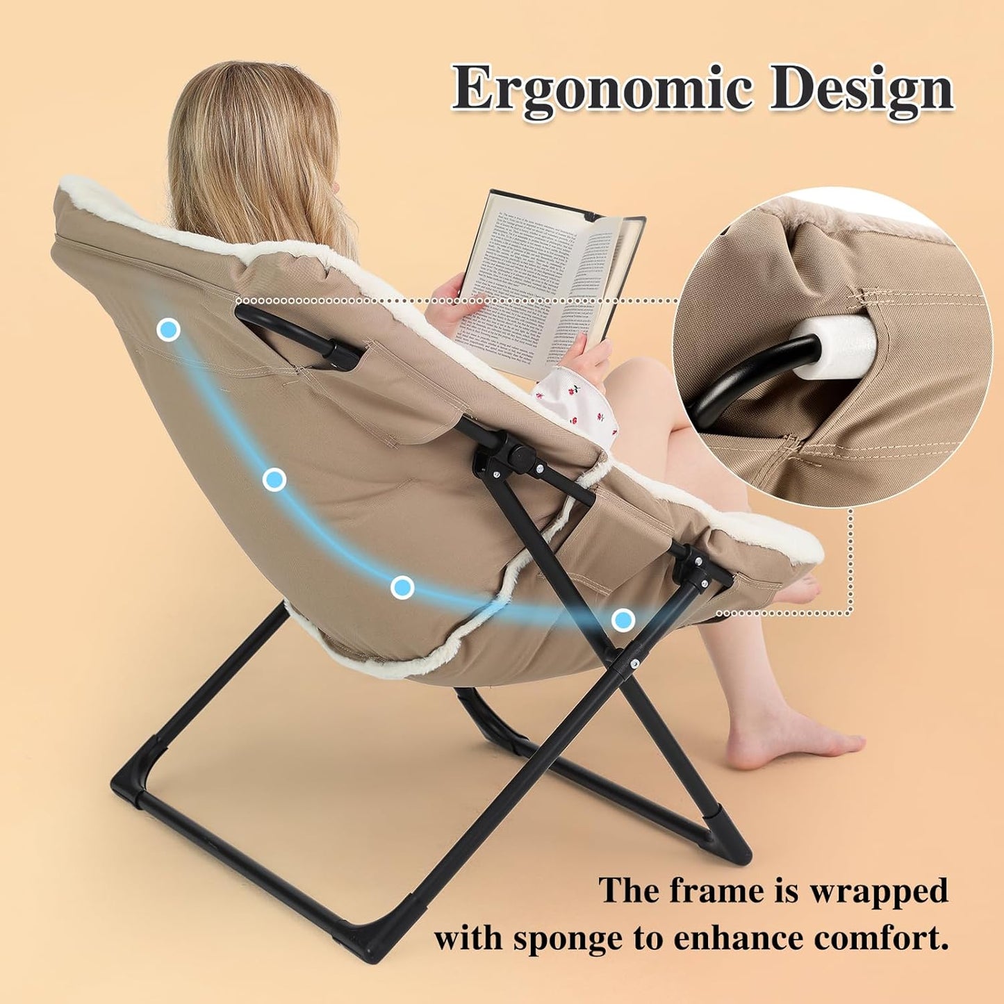 Comfy Saucer Chair for Adults, Soft Faux Fur Bedroom Chair, Accent Dorm Chairs, Flexible Living Room Reading Chairs, Oversized Folding Seat for Teens, X-Large, Beige