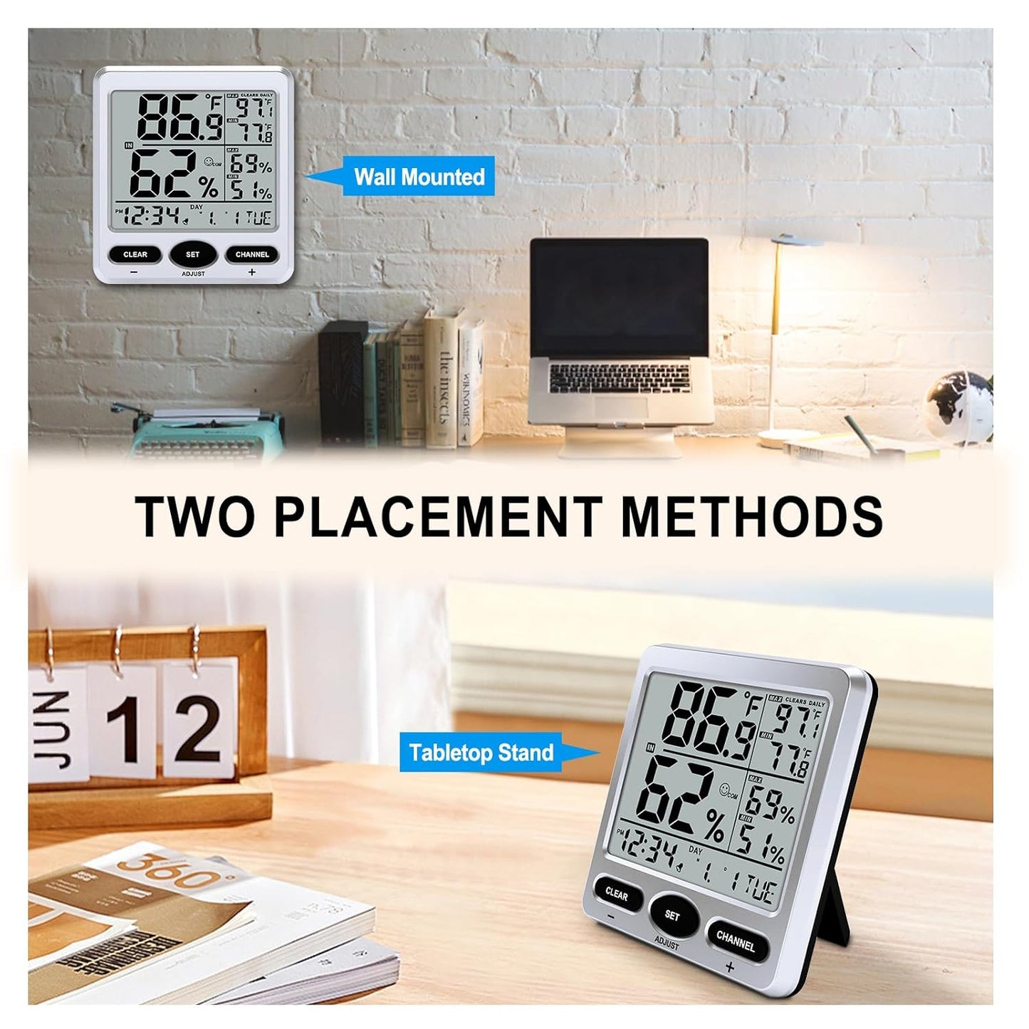 Urageuxy Hygrometer Thermometer Room Temperature Humidity Meter with Large Display, Min/Max Records, Alarm Clock, Time for Home, Greenhouse, Baby Room, Office, Cellar