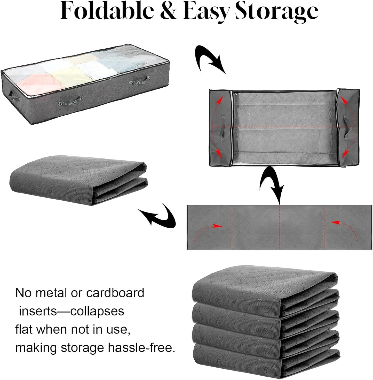 4 Pack 90L Under Bed Storage Containers – Foldable Closet Organizers with Clear PVC Window, Large Underbed Storage Bins for Blankets, Clothes, Shoes, Wrapping Paper (Grey, 39” x 20” x 7”)