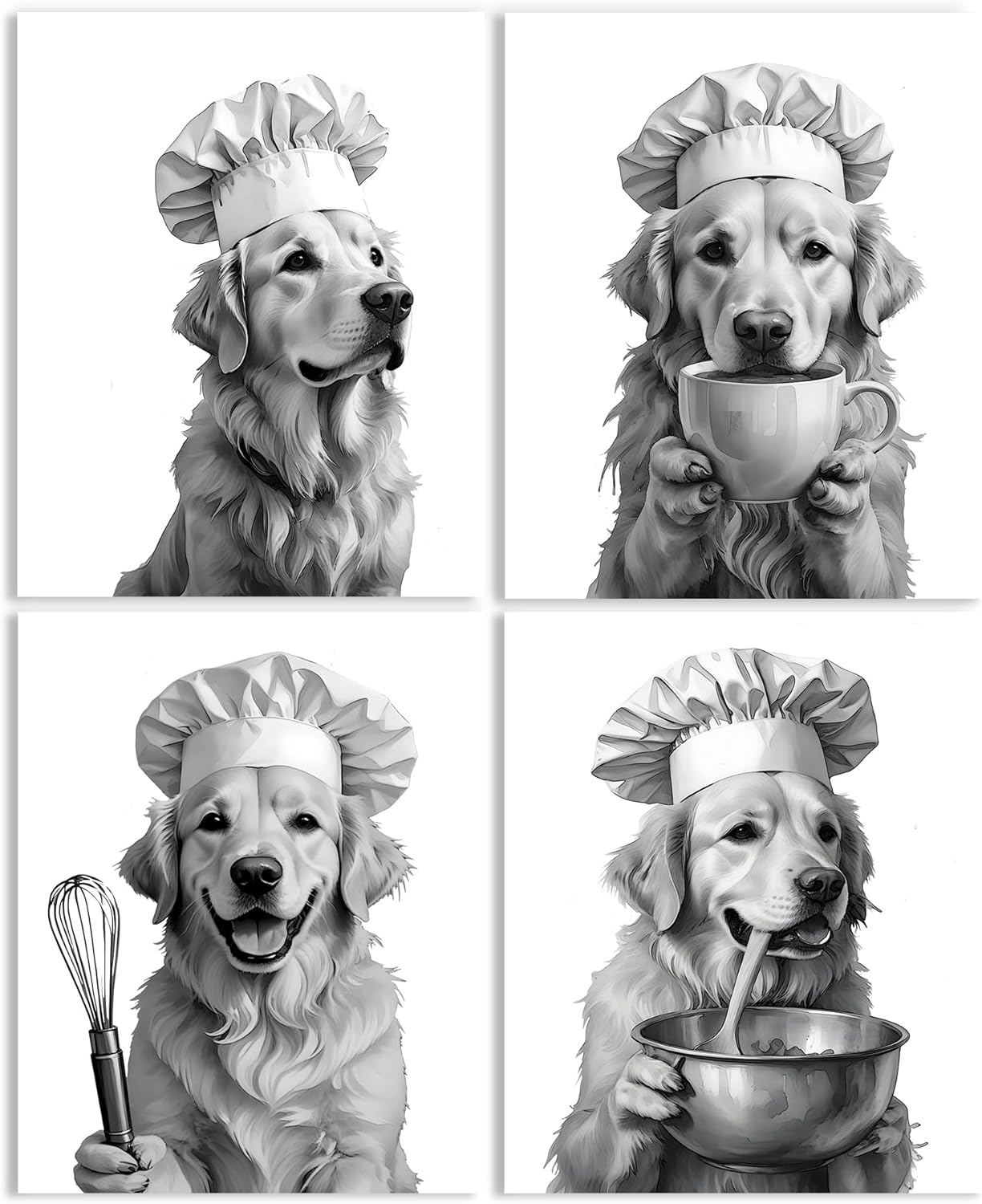 LUKIPOM Funny Golden Retriever Kitchen Wall Art Posters Set of 4, Gifts for Golden Retriever Lovers, Humor Dog Chef Canvas Prints Artwork Wall Decor for Kitchen Home, 8x10 Unframed