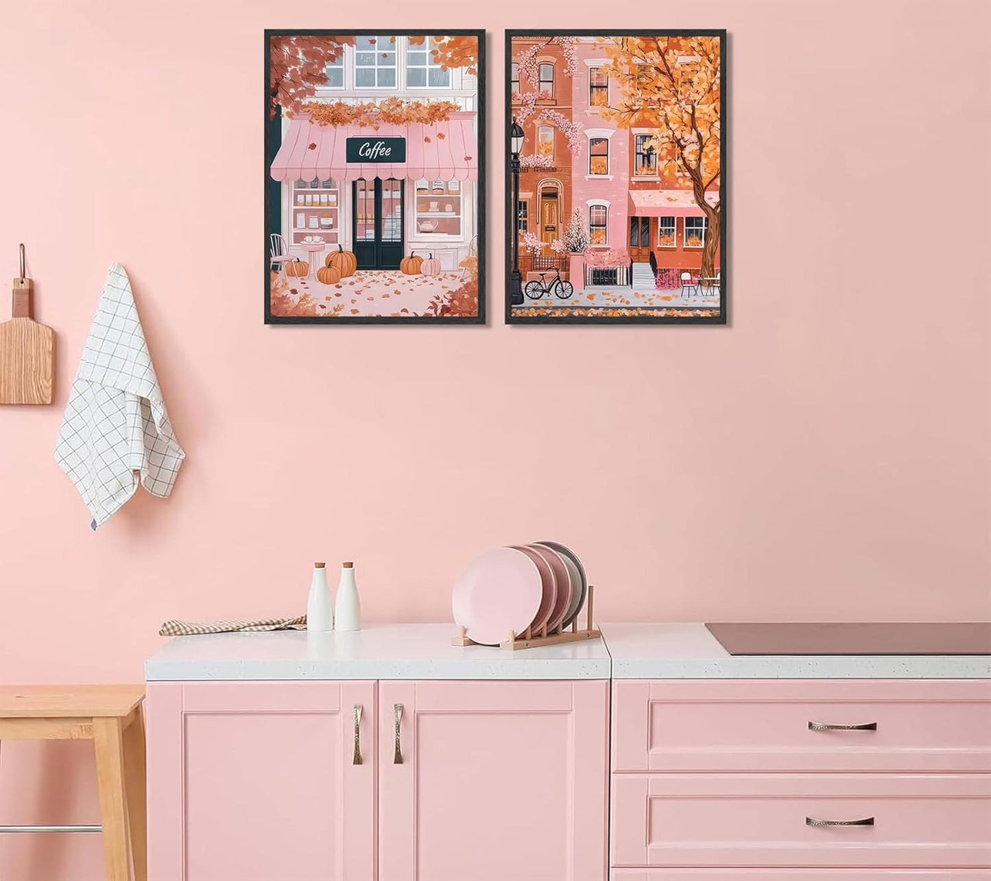 Fyivod 2pcs Autumn Pink Coffee Tea Shop Poster Wall Art Retro Pumpkin Spice Painting Picture Wall Decor Autumn Landscape Painting Print Artwork for Kitchen Bedroom Cafe Home Decoration 12x16in