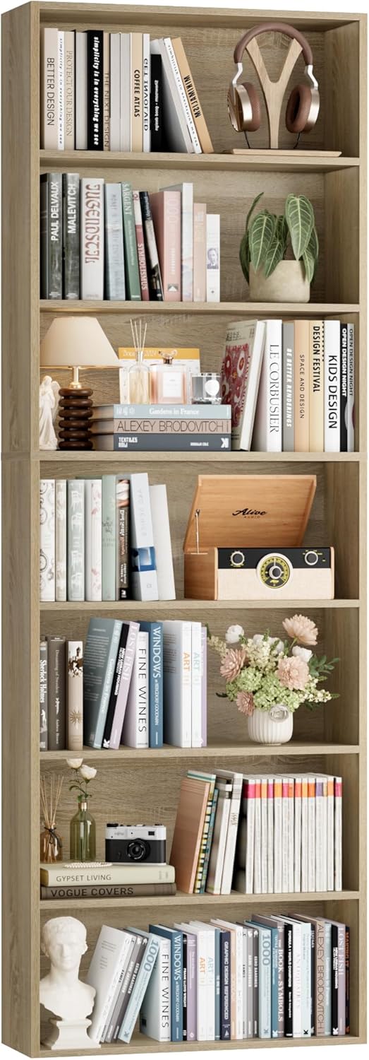 FACBOTALL 82" Tall Bookshelf, 7-Tier Open Shelves Bookcase, Freestanding Display Storage Shelves, Tall Bookcase Home Decor Furniture for Home Office, Living Room, Bedroom, Light Oak