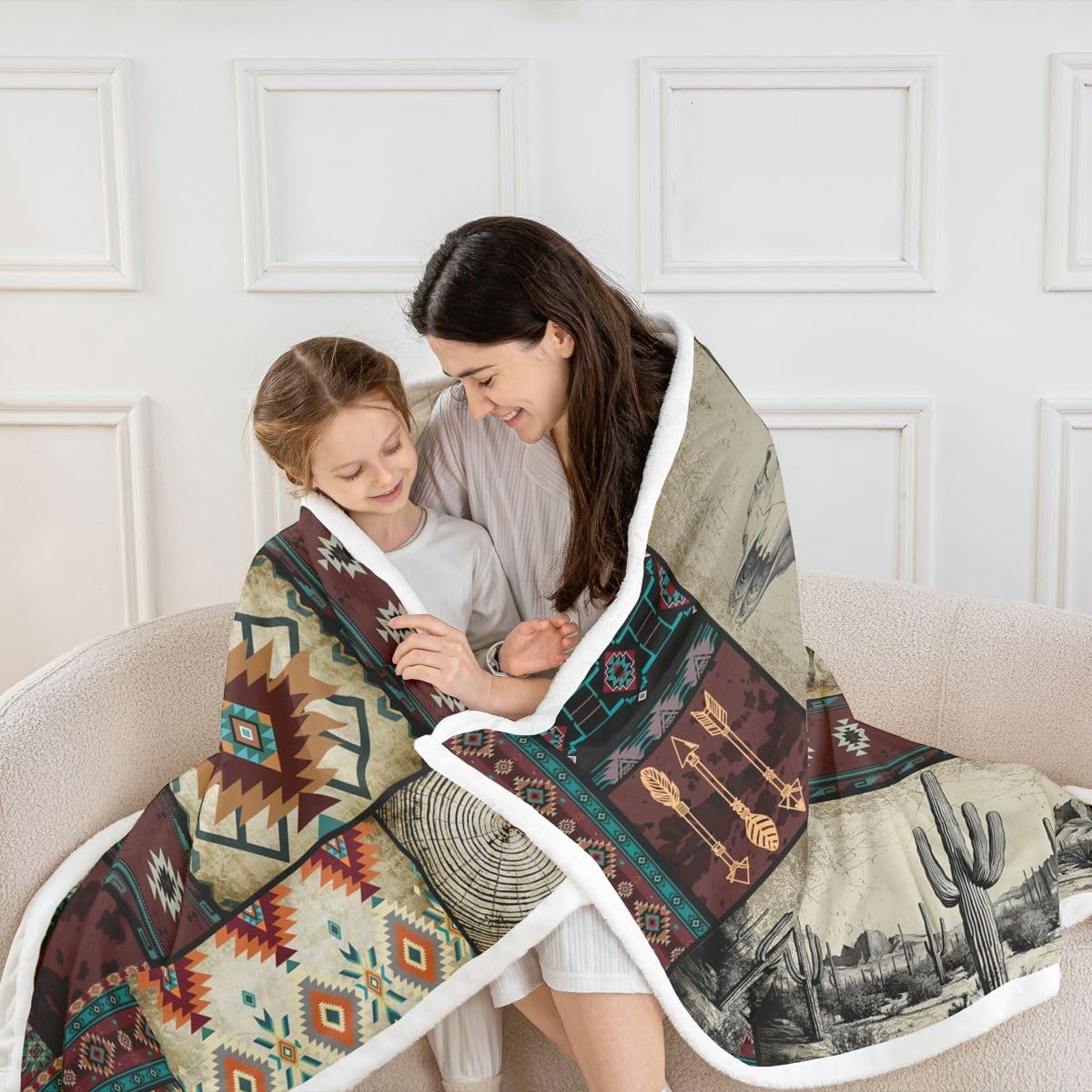 Feelyou Western Cowboy Throw Blanket Rustic Southwestern Plaid Soft Fleece Sherpa Cozy Fuzzy Plush Warm Wild West Fuzzy Plush Throw Throw 50"x60" for Bed Couch Living Room