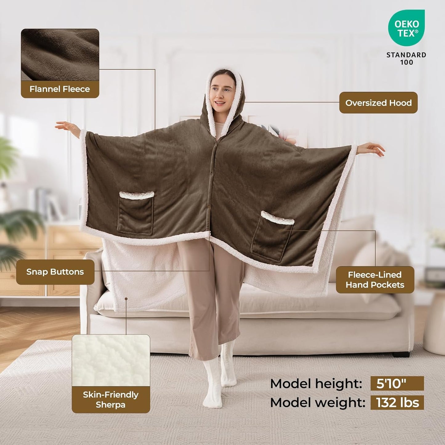Wearable Heated Throw Blanket, Heated Shawl Electric Wrap Poncho with Hood & Pockets for Women & Men, 5 Heat Settings, 3H Auto-Off, Machine Washable, ETL Certified, Gift-Ready, 56x63, Brown