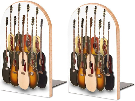 Guitar Wooden Bookend Non-Slip Book Ends Heavy Duty Book Stopper with Metal Base Books Holderd Decorative Bookends Stands Firmly for Office Supplies