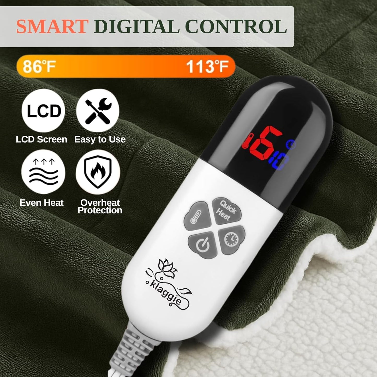 Electric Heated Throw Blanket Sherpa 50"x60" Green Machine Washable 6 Heat Settings 4 Hours Auto Off Overheat Protection for Home Office Use