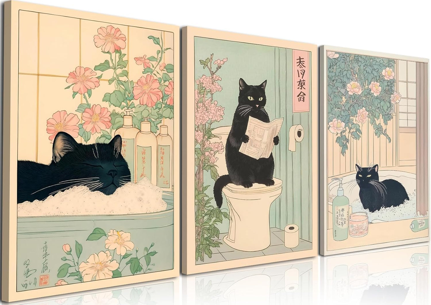 Funny Bathroom Wall Art Set of 3, Japanese Cute Black Cat Wall Decor Paintings, Rustic Animal Pictures Canvas Prints Home Decor for Bathroom Toilet, 12x16 inch Framed