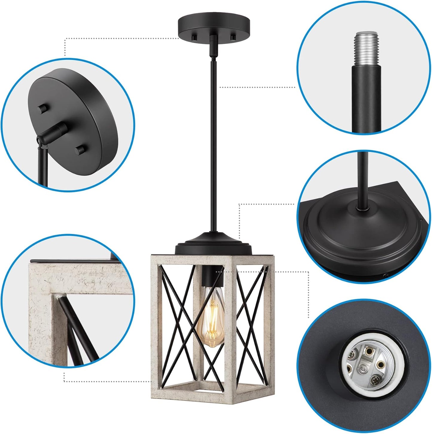 DEWENWILS Pendant Light, Metal Pendant Light Fixtures with Wooden Grain Finish, 48" Adjustable Pipes for Flat and Slop Ceiling, Hanging Ceiling Lamp for Kitchen, Living Room, Bedroom, E26 Base