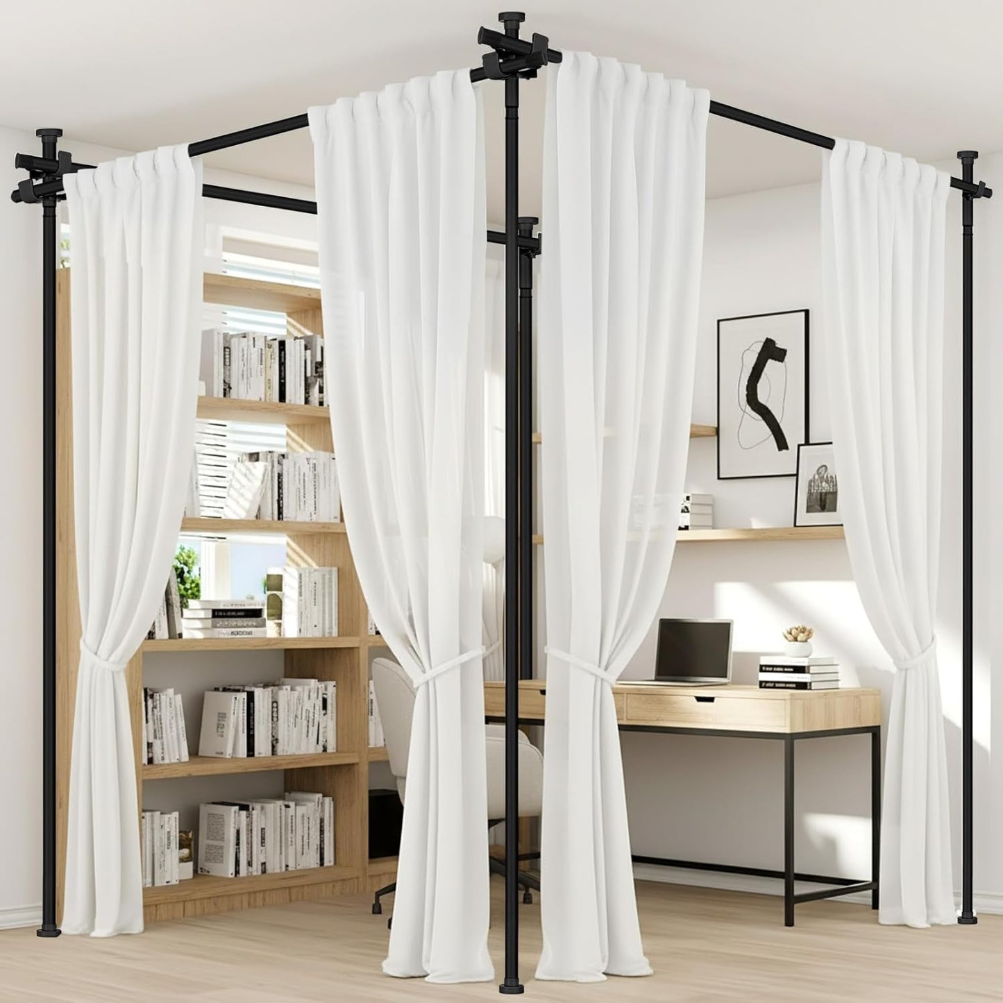 Room Divider Curtain Rod, No Drilling Wall Divider for Room Separation, 4-10ft(H) 28-171inch(W) Adjustable Heavy Duty Partition Space Separator Tension Curtain Stand(Black)