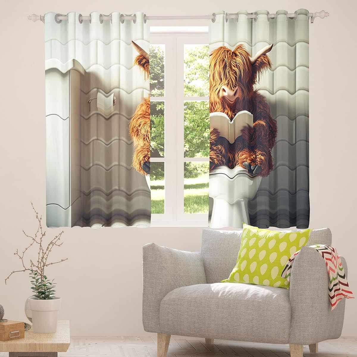 jejeloiu Funny Highland Cow Curtain (2 Panels, 52 x 84 Inch) Kids Highland Cattle Blackout Shades Reading Book Rustic Farm Room Darkening Curtain Window Treatments,Microfiber