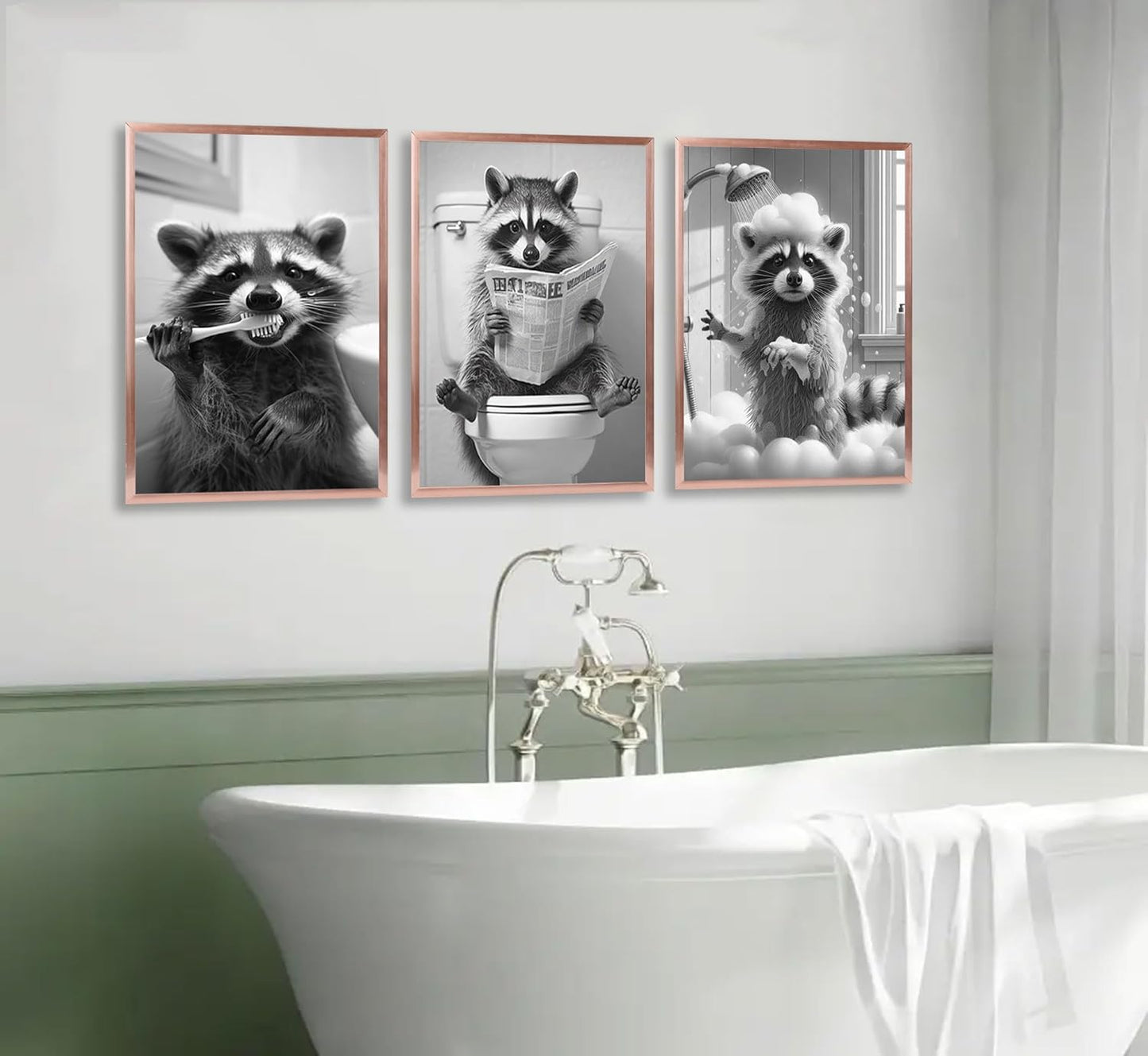 3pcs Adorable Raccoon Bathroom Canvas Wall Art Raccoon On Toilet Reading Newspaper Brush Teeth Posters Prints Black And White Animal Pictures Wall Decor for Bathroom Toilet Shower Room Decoration