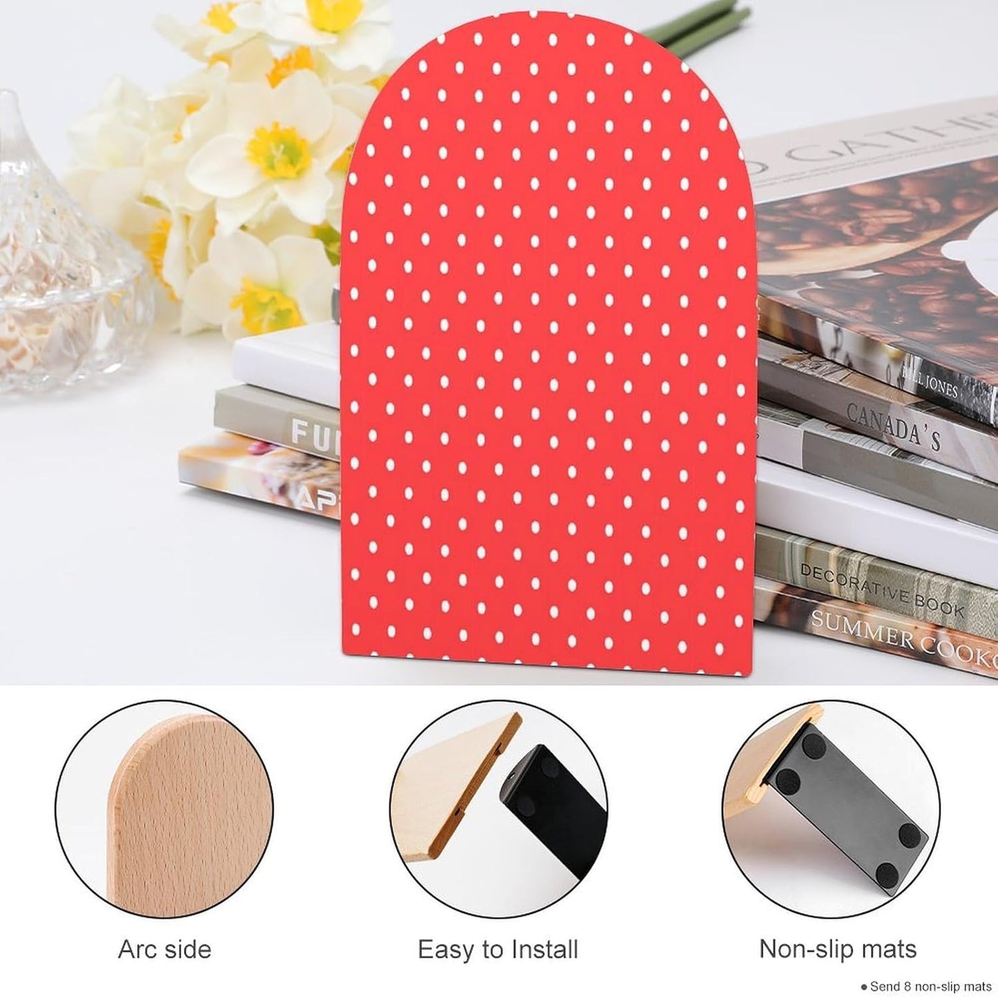 Red and White Polka Dots Wooden Bookend Non-Slip Book Ends Heavy Duty Book Stopper with Metal Base Books Holderd Decorative Bookends Stands Firmly for Office Supplies