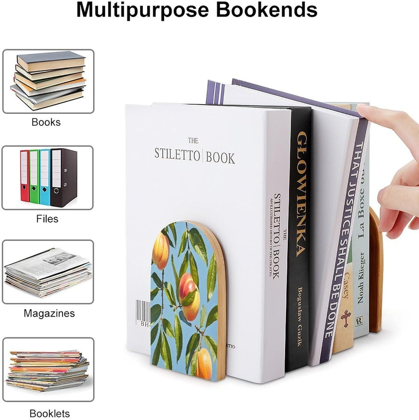 with Peach Leaves Bookends 1 Pair Heavy Duty Book Ends for Shelves Non-Skid Bookend Supports Wooden Book Holders with Metal Base Desk Organizers Books Storage to Hold Books