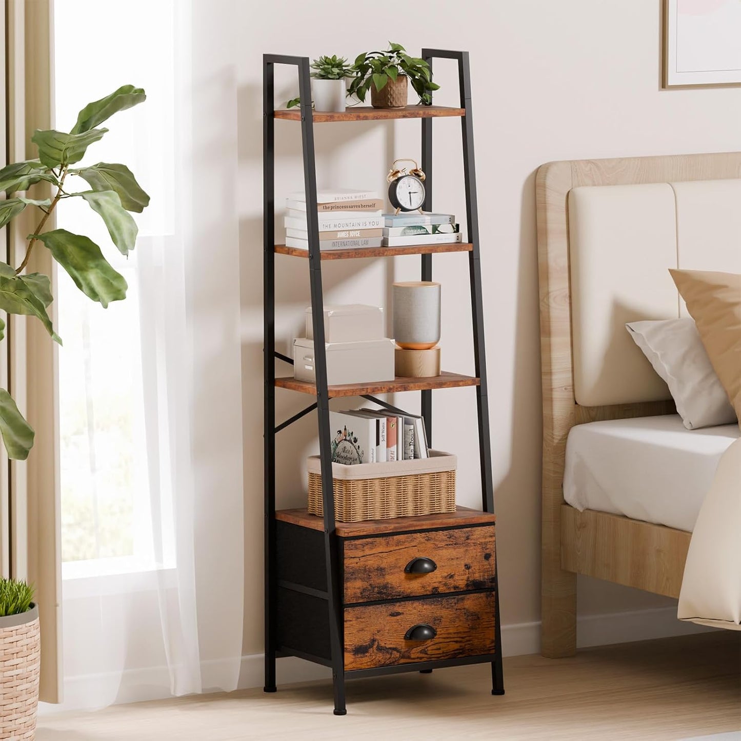 Furologee 4-Tier Ladder Shelf,Small Bookshelf with 2 Drawers,Vertical Bookcase Storage Rack Organizer,Rustic Bookshelves for Living Room,Bedroom,Bathroom,Home Office,Kitchen,Rustic Brown