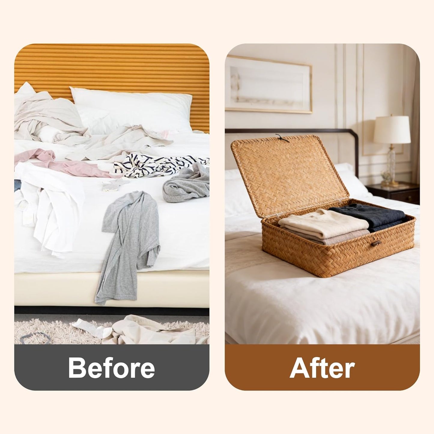 2 Pack 2 Size Seagrass Storage Bins with Lid,Boho Wicker Woven Organizer set, Decortive Rattan Basket Storage for Makeup Books Shelves Closet