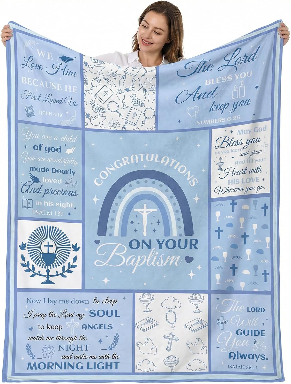 Baptism Gifts for Boys, Baptism Blanket 40x50 inch Blue Bible Verse Throw for Christian Gifts, Religious Scripture Christian Blanket for Boys Girls Baptismal Favors