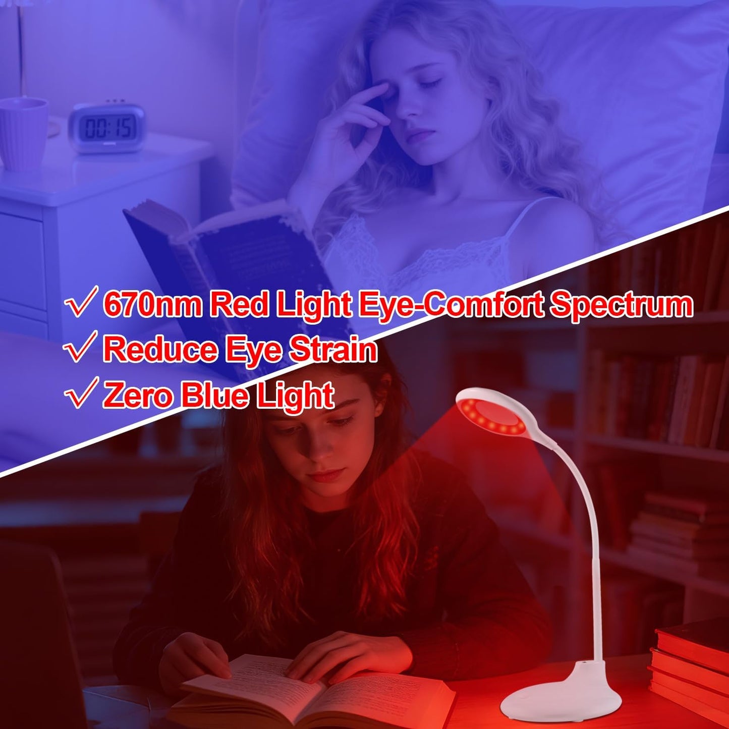 670nm Red Light Reading Lamp for Sleep- Zero Blue Light, Rechargeable Dimmable Portable LED Red Book Light for Night Reading,Working and Crafts - Ideal Gift for Book Lovers, Nursing