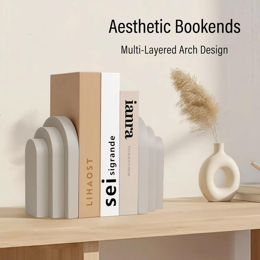 Heavy Duty Book Ends for Shelves, Decorative Bookends for Heavy Books Set of 2, 6.6 LBS Modern Book Stopper for Home Decor, Bookshelf, Aesthetic Bookend with Layered Arch Design, Gray