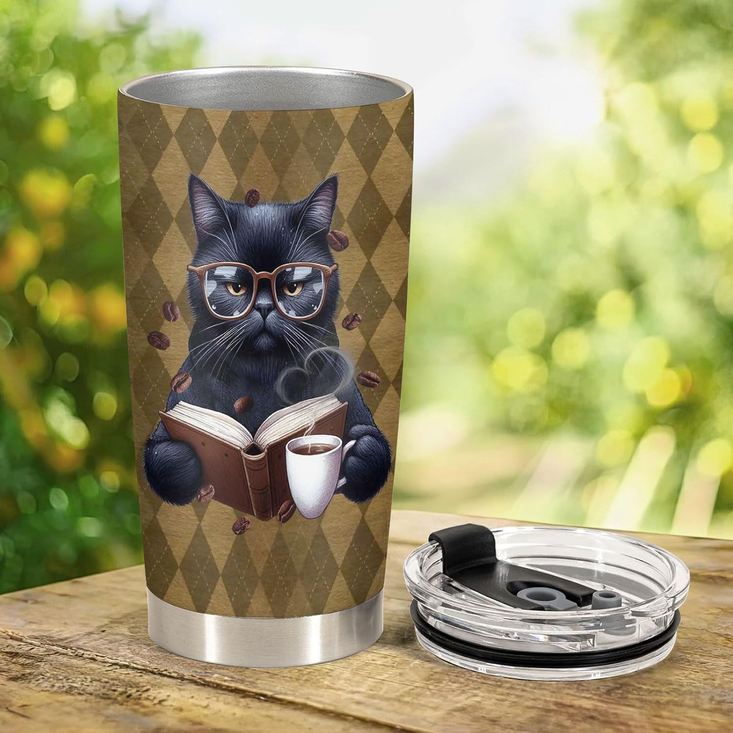 34HD Cat Bookish Tumbler 20oz Stainless Steel Insulated Travel Coffee Cup - Funny Book Lover Gift for Feline Mom on Birthday, Mother's Day & Christmas