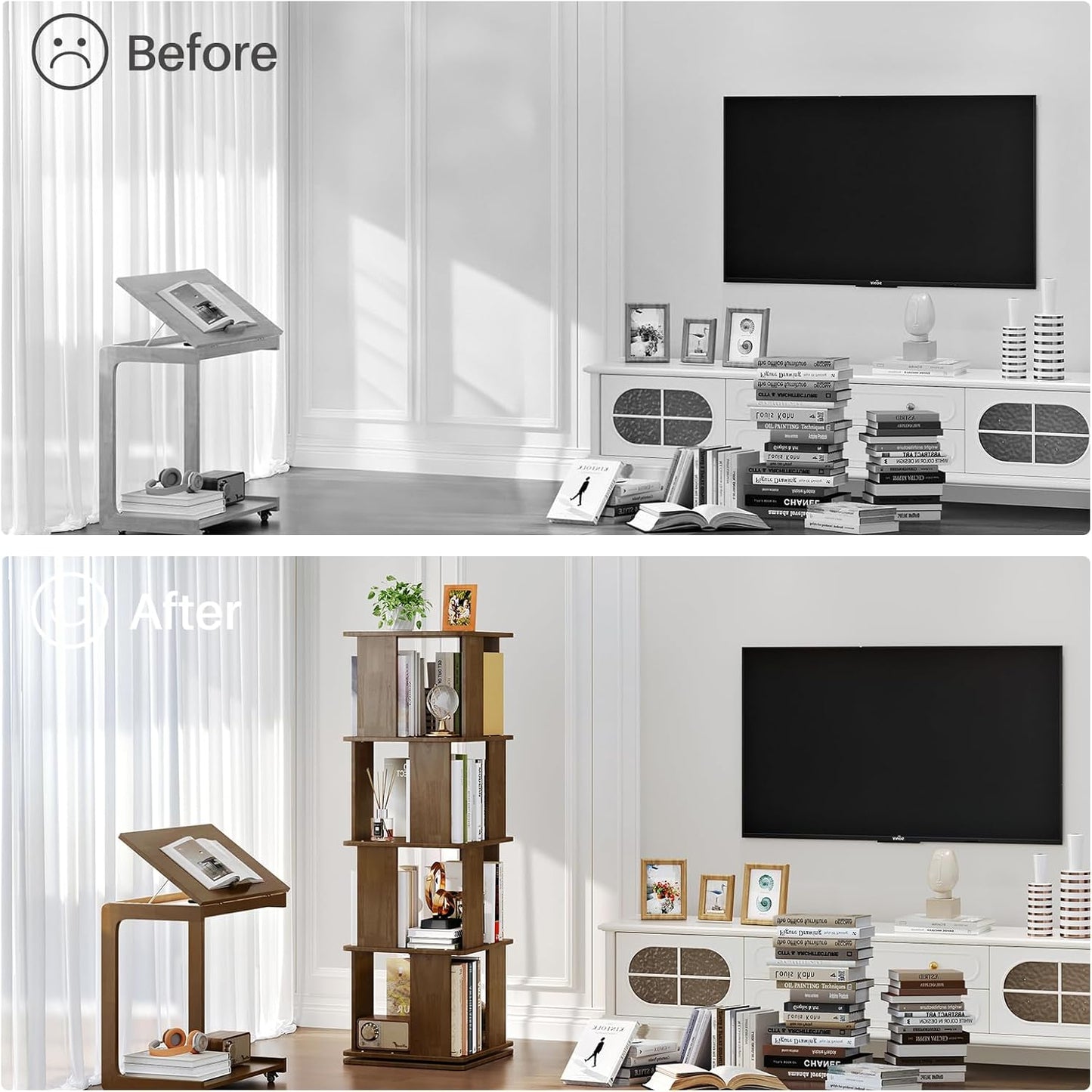 Wooden Rotating Walnut Rectangle Bookshelf Tower - 4 Tier 51“ H Tall Corner Bookshelf for Small Space, 360° Spinning Revolving Solid Wood Modern Bookcase Tower for Living Room, Bedroom, Home Office