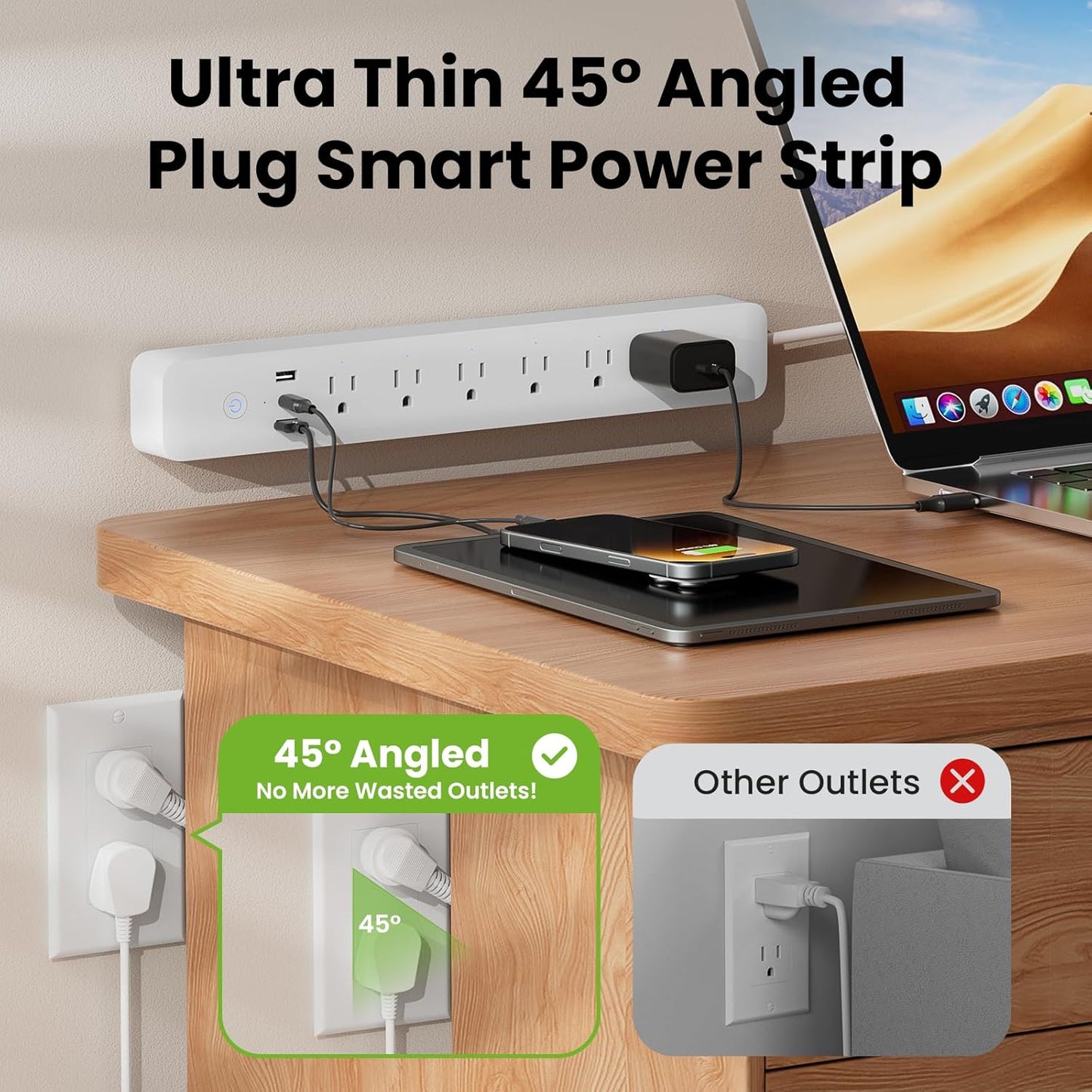 GHome Smart Power Strip 15A, 2.4G WiFi Smart plugs that work with Alexa & Google Home, Surge Protector Flat Plug with 6 APP Control WiFi outlets, FCC Listed, 7.18 ft flat extension cord, No Hub Needed