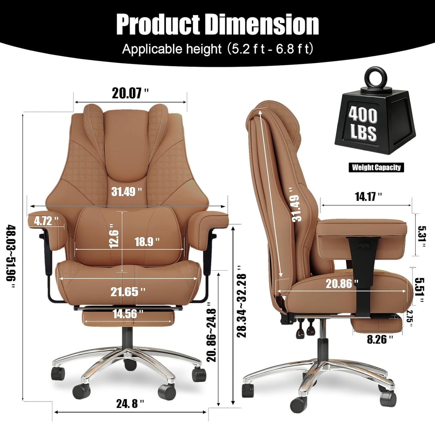 400lbs Big and Tall Office Chair, Wide Ergonomic Leather Executive Chair for Heavy People with Foot Rest, High-Back Reclining Computer Chair with Swivel Wheels and Lumbar Support (Brown)