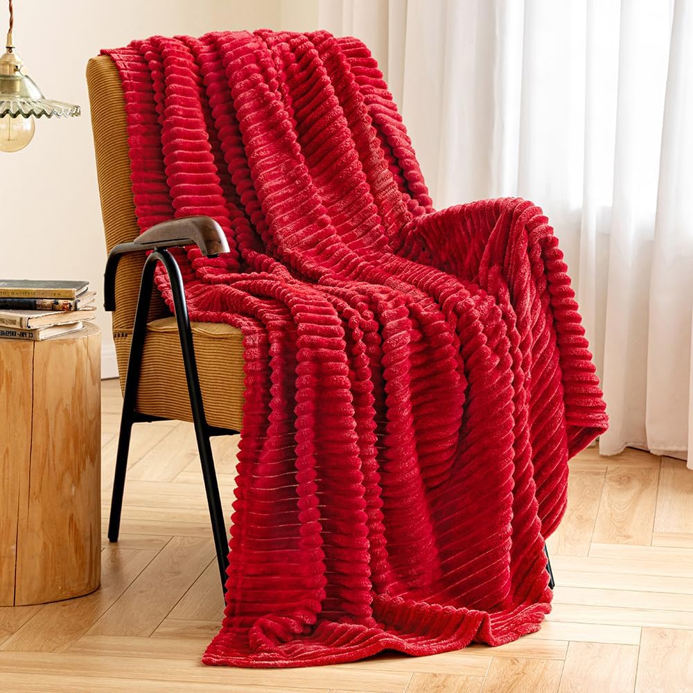 MIULEE Red Fleece Throw Blanket for Couch 300GSM Super Soft Lightweight Plush Striped Blanket, Christmas Warm Cozy Breathable Ribbed Flannel Throws for Bed/Sofa, 50"x60"