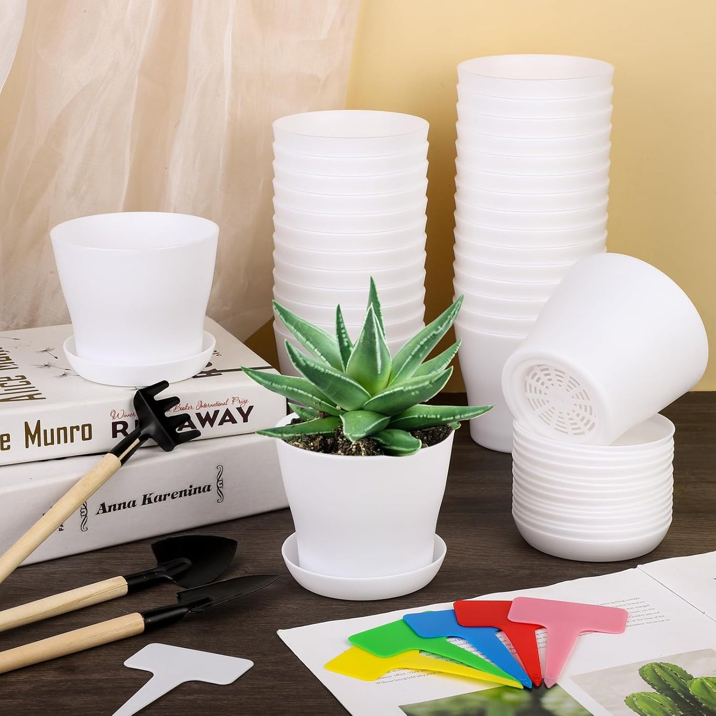 48 Pack Plastic Planters 4 Inch Flower Plant Pots Indoor Set Thickened Seedling Nursery Pots Seed Starting Pots with Drainage Holes Saucers, Mini Garden Tools for Home Office Garden, White