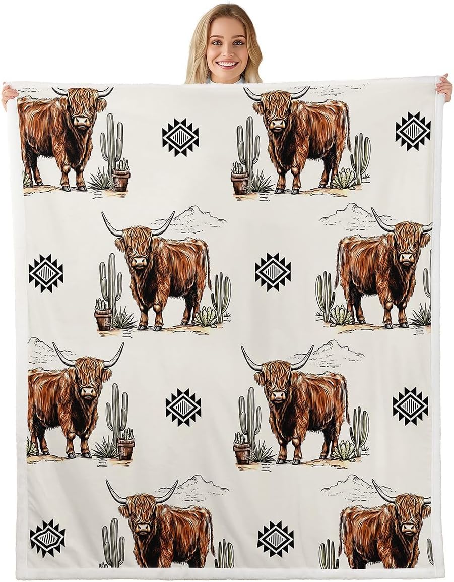 Feelyou Highland Cow Sherpa Throw Blanket for Couch Aztec Super Soft Cozy Fleece Western Decor Blanket for Winter, Plush Throw Cowgirl Throw 50"x60" All Season