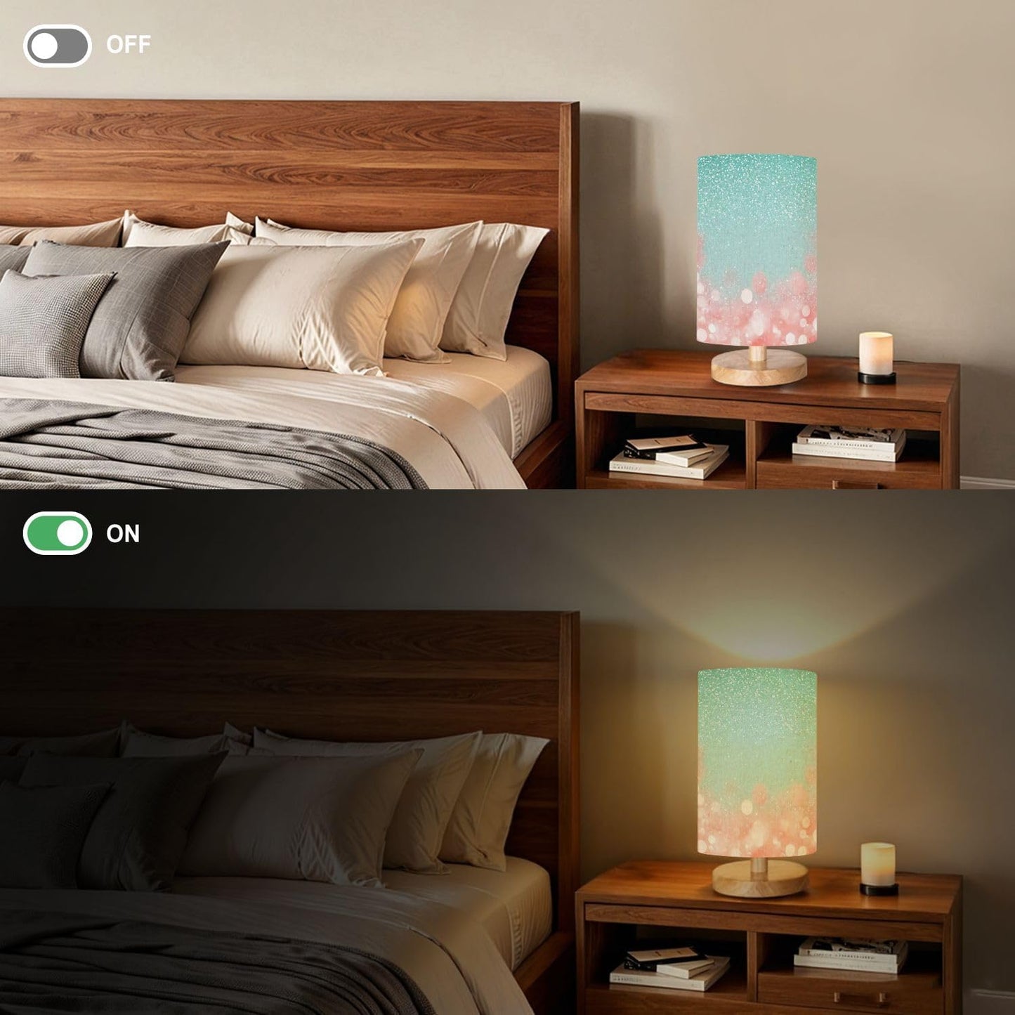 Bedside Table Lamp Fancy Teal Green Glitter Coral Pink Peach Sparkle Turquoise 16-Way Dimmable Small Desk Lamp with Round Flaxen Fabric Shade for Nightstand Bedroom Living Room Home Decor