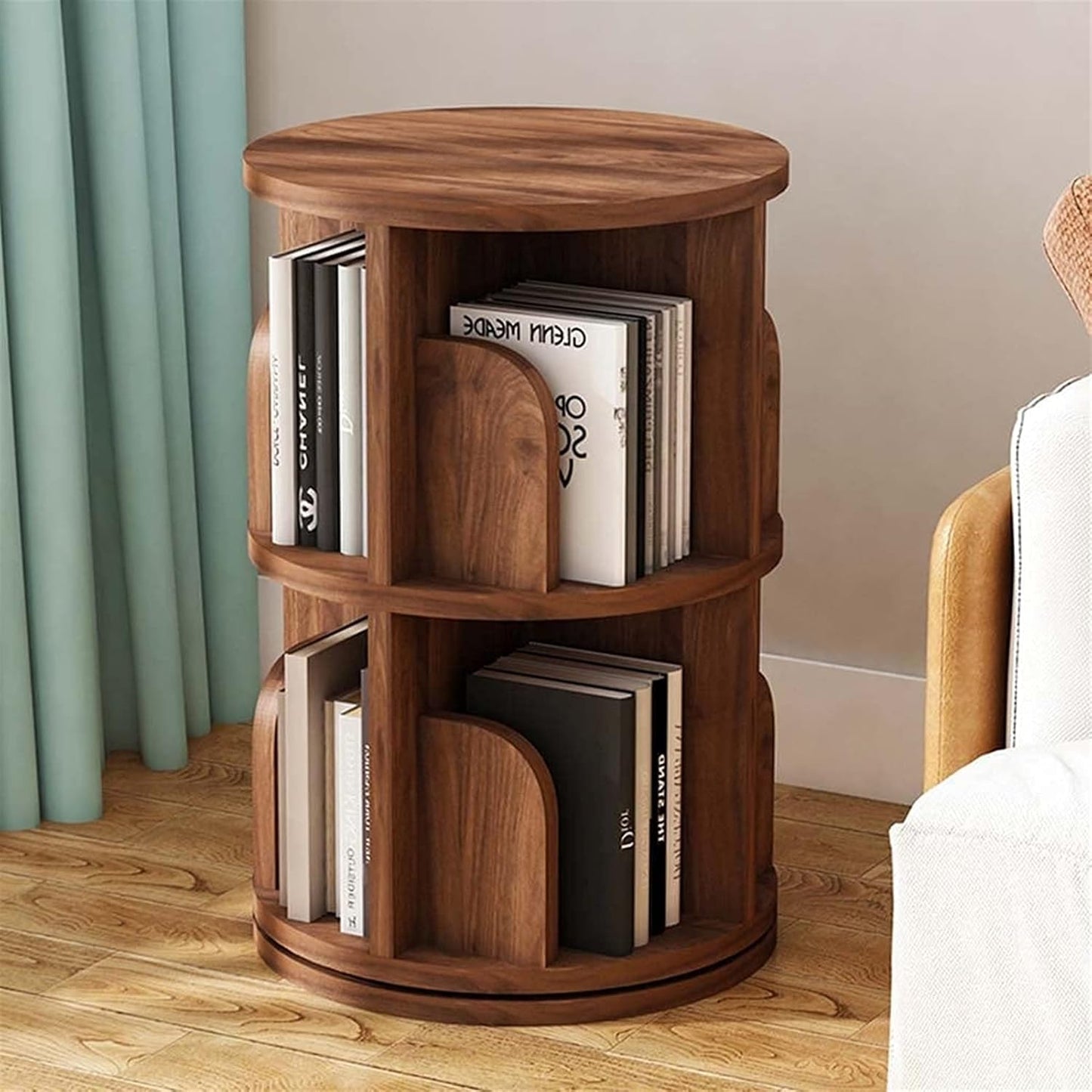 Solid Wood Revolving Bookshelf - 360 Degree Rotating Children Bookcase for Living Room - Creative Corner Shelf with Floor Standing Storage