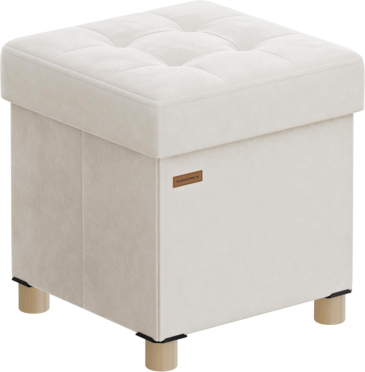 SONGMICS Small Storage Ottoman, Folding Ottoman Cube, 15 x 15 x 15.7 Inches, Footstool, Footrest, 10 Gal. (37 L), Velvet Surface, for Bedroom, Living Room, Dorm, Cappuccino Beige ULSF0516W02