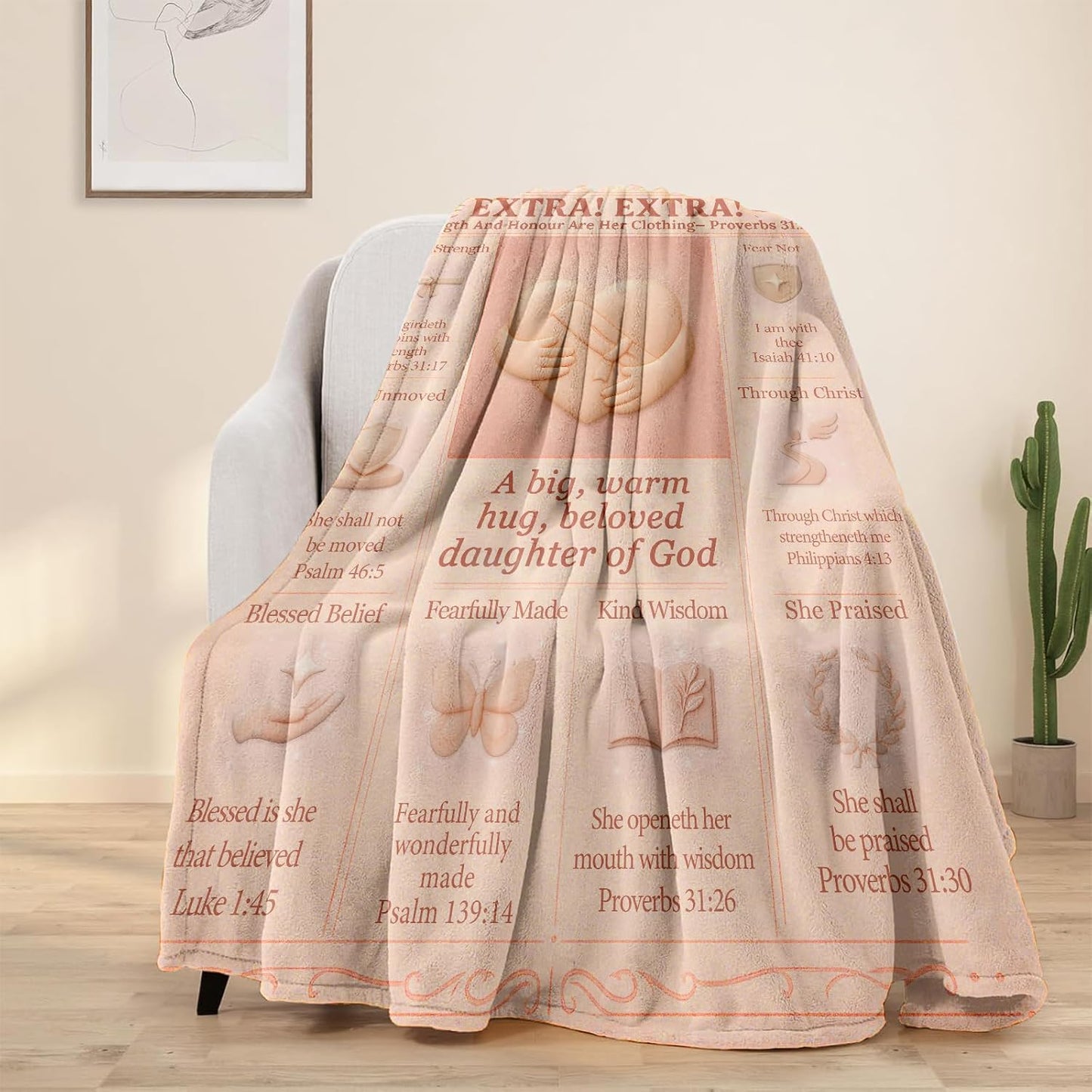 Christian Gifts for Women Blanket, Pink 50x60 Flannel Fleece Throw, Proverbs 31 Christian Bible Verse Scripture Gift—Daughter, Sister, Mom—Soft Cozy Couch & Bed Decor