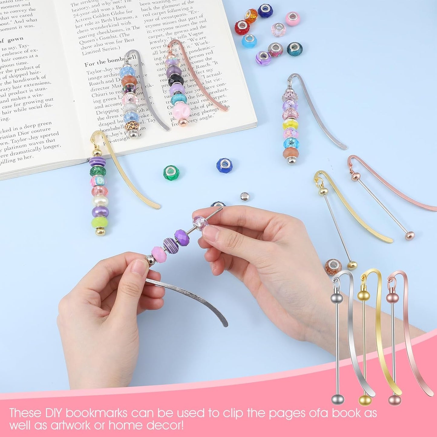 9 Pack Beadable Metal Bookmark, DIY Metal Blank Bar Bookmark, Custom Bookmarks for Beads Jewelry Pendants Charms Beading Marks Craft Book Lovers Office Supplies (Silver, Gold, Rose Gold)