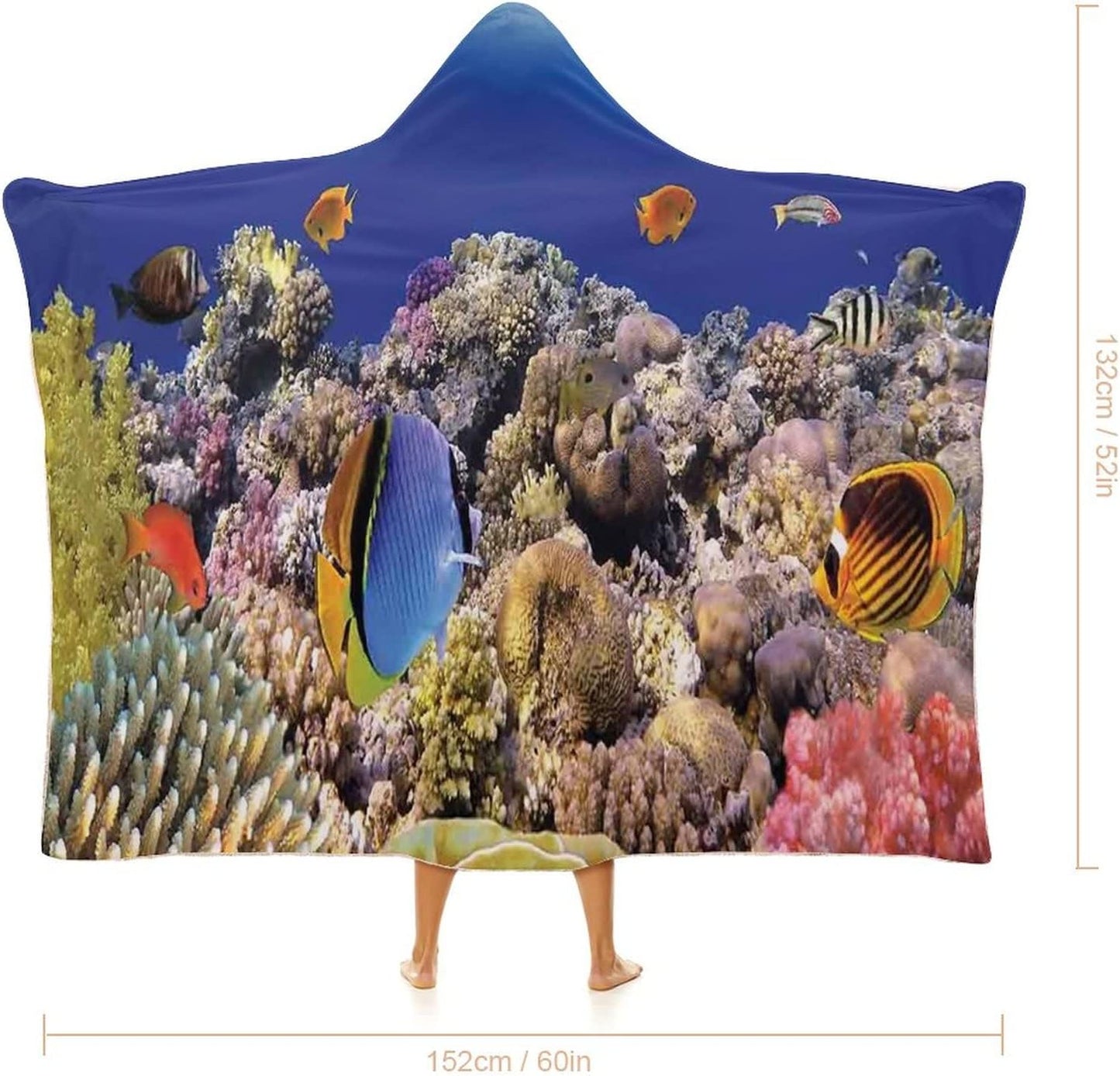 Throw Blankets, Ocean Wearable Hooded Blanket for Adults, Wild Sea Life Colorful Ancient Coral Reefs Exotic, Soft Warm Cozy, 40 x 50inches, Studying Reading Snuggling Napping Office