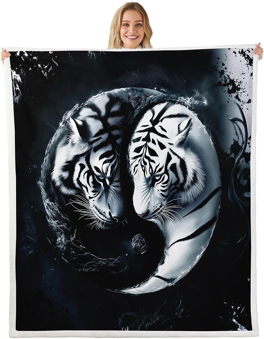 Erosebridal Black and White Tiger Blanket Gothic Fleece Blanket,Yin and Yang Style Throw Blanket 60"x80",African Big Cat Bed Blanket Wild Animal Room Decor