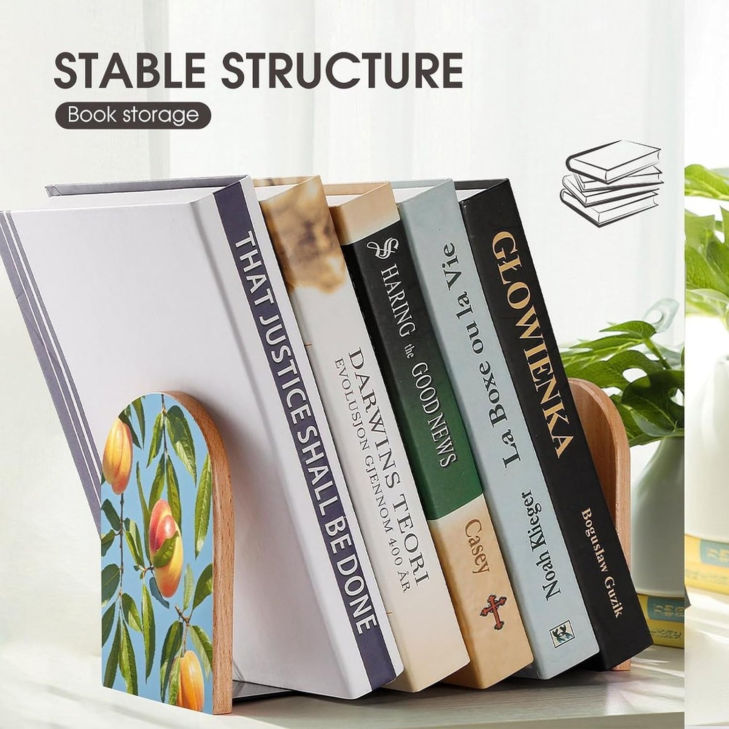 with Peach Leaves Bookends 1 Pair Heavy Duty Book Ends for Shelves Non-Skid Bookend Supports Wooden Book Holders with Metal Base Desk Organizers Books Storage to Hold Books
