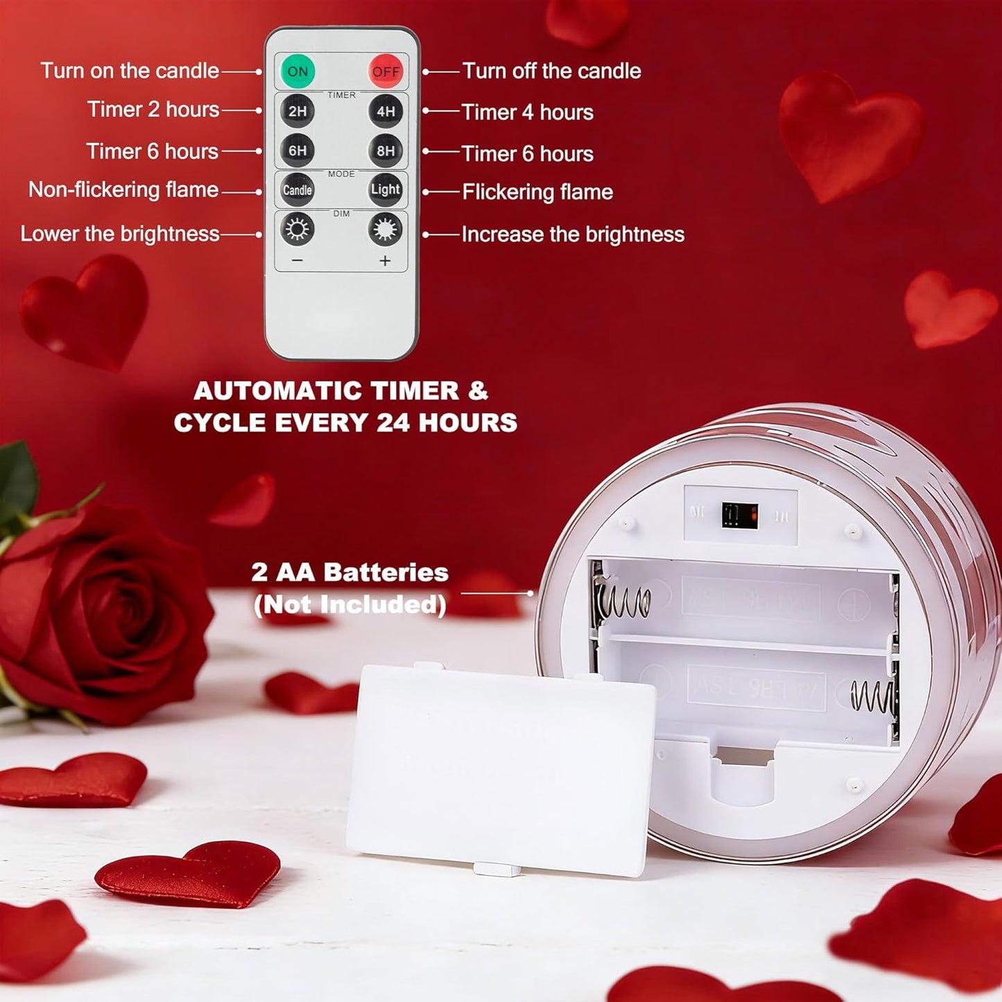 Valentines Day Flameless Candles with Remote, Red Heart Glass Battery Operated Candles, Real Wax Flickering LED Pillar Candles for Proposal Wedding Anniversary Romantic Night, 3 Pack