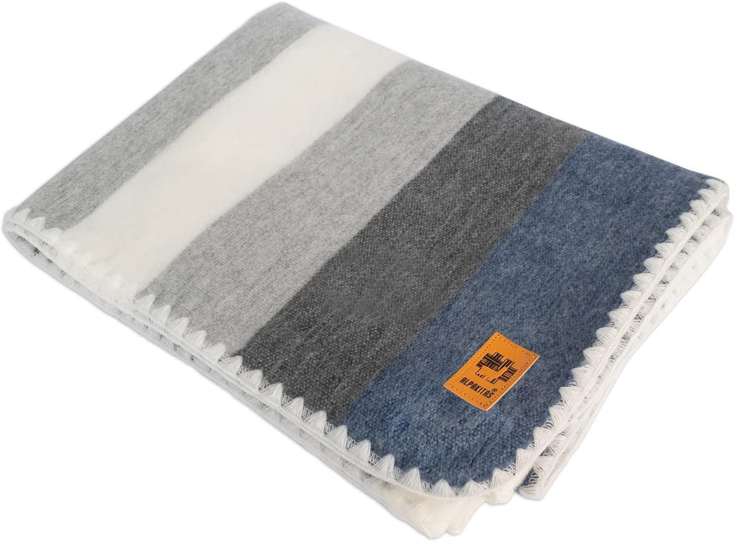 Alpaca Wool Blanket – Twin Size, 75 x 38 Inches – Warm & Lightweight – Couch, Bed, or Outdoor Blanket – Gray & Blue