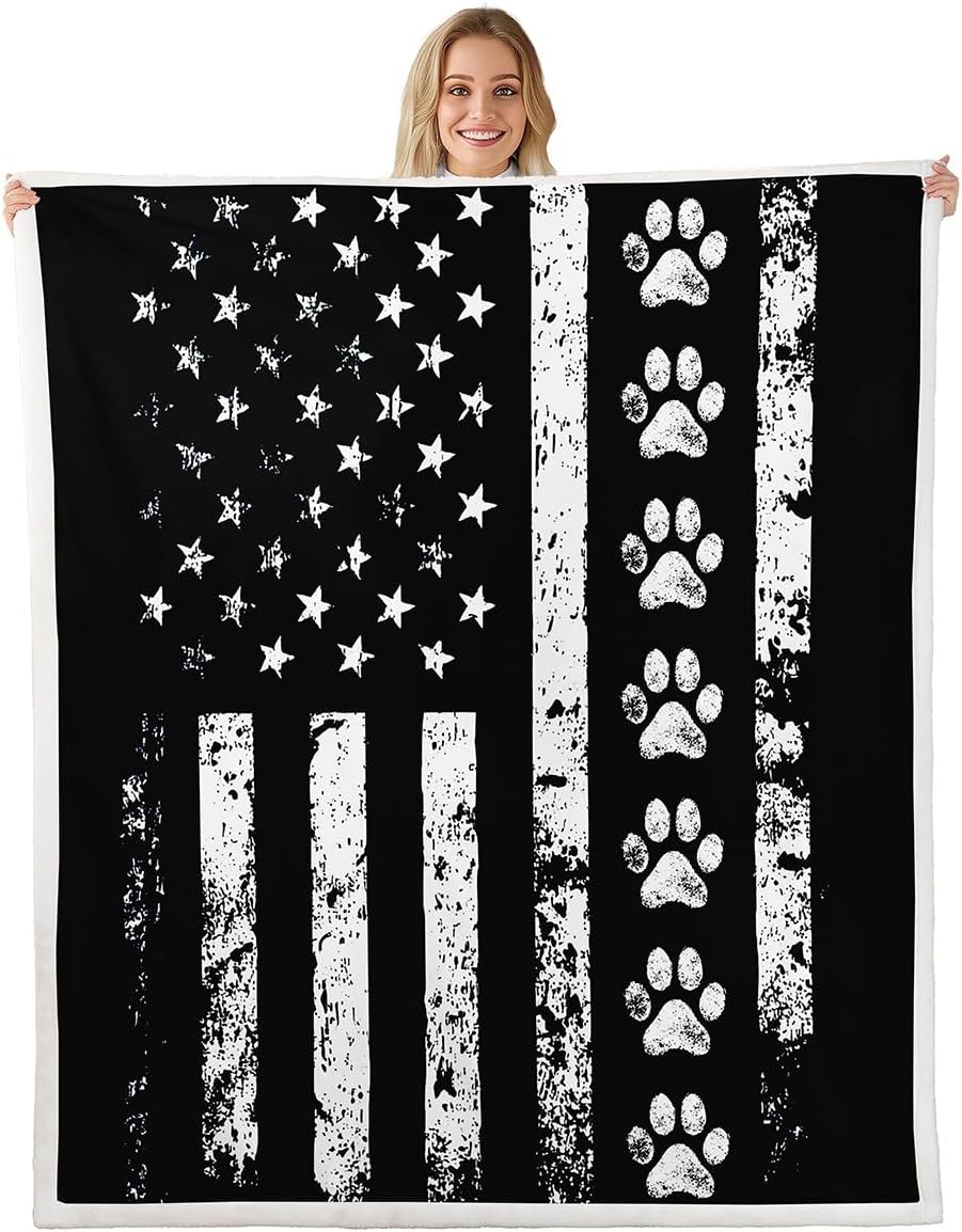 Dog Paws Print Kids Throw Blanket,American Flag Stripes Patriotic Bed Blanket,Girls Boys Adults Sofa Decor,Cute Animals Pets Fleece Blanket,Black White Retro Fuzzy Blanket,Throw Size (50 x 60 Inches)