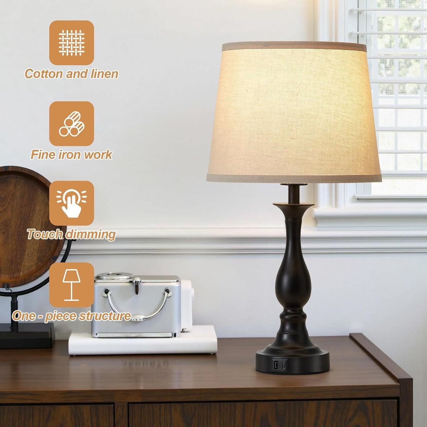 Bedside Table Lamp Touch Control Bedroom Lamps with USB A and C Charging Port 3 Way Dimmable Touch Lamps for Nightstand Living Room Bedroom Dorm Home Office Reading, Set of 2