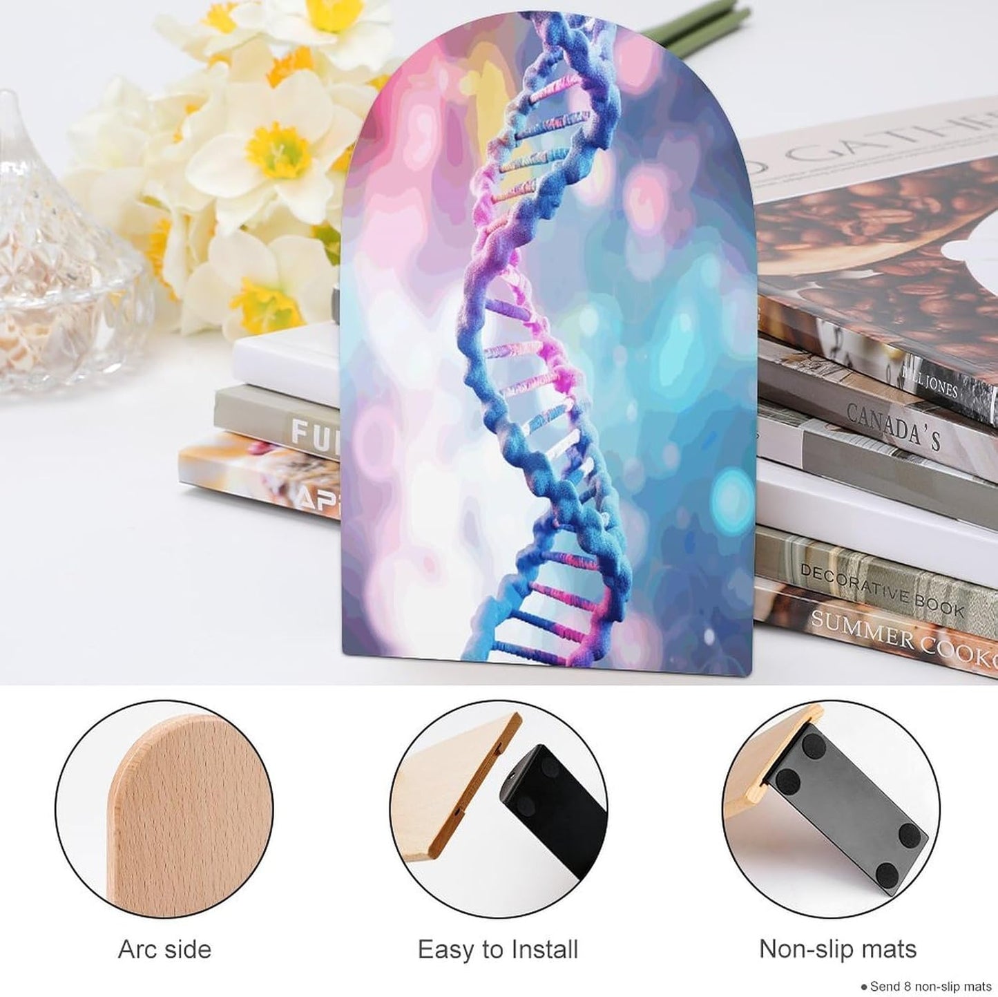 DNA in Bookend for Shelves Wooden Book End Large Size Sturdy Book Holders Stoppers with Metal Base for Bookshelves Slick Decorative Bookends Stands