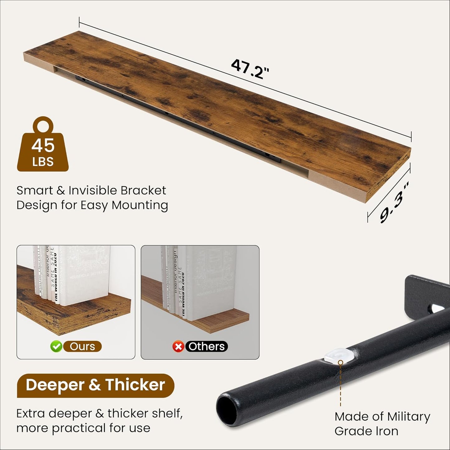 Fun Memories 48 Inch Brown Floating Shelves, 9.3 Inch Deep Wall Shelves for Living Room|Bedroom|Kitchen, Rusitc Wall Mounted Bathroom Shelves 2 Pack, Heavy-Duty Deep Shelf for Books，Decor